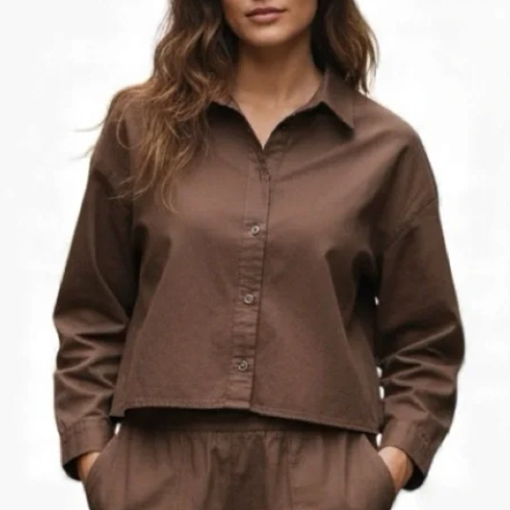NEW Everlane Woven PJ Top Brown Button Down Shirt Cotton Sz XS